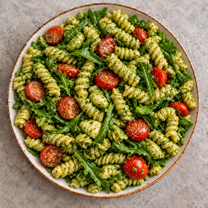 Basil Pesto Pasta with Cherry Tomatoes & Baby Rockets 