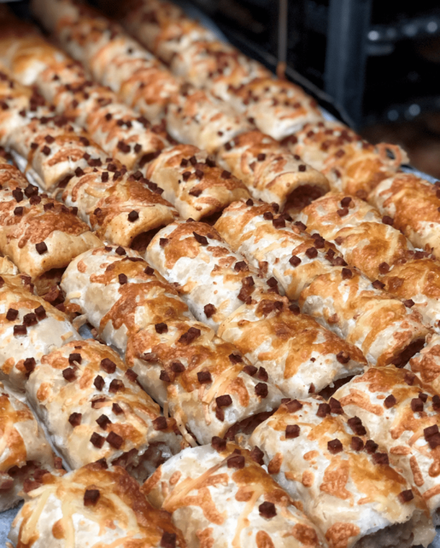 Party cheese and bacon sausage rolls