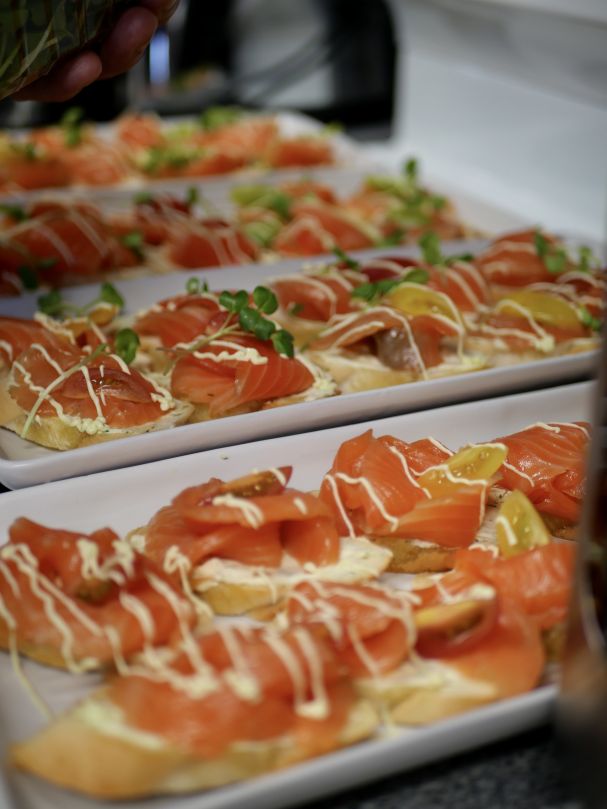 Gentlemen Jack Cured Salmon Gravlax with Wasabi Creme Fraiche on Sourdough Crostini