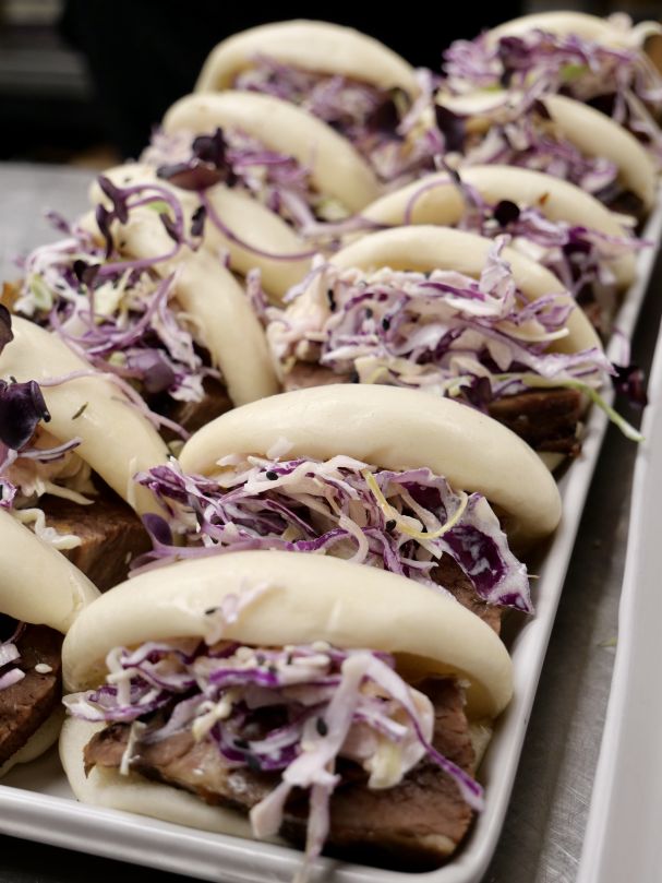 Mini Steamed Bao Bun with Pulled Beef Short Rib, Pickled Slaw and Kimchi Aioli