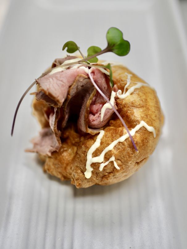 Silver Fern Farms Medium-Rare Roast Beef Served in Mini-Yorkshire Pudding with Soft Herbs and Horseradish Aioli