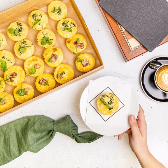 Box of Frittatas, with Broccolini & Goats cheese and Prosciutto, Maple Pumpkin flavours