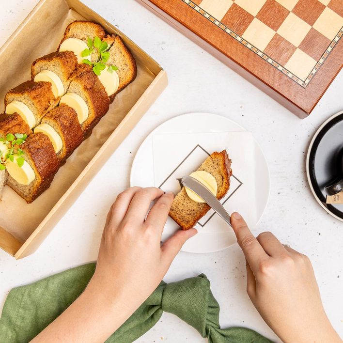 Box of banana bread slices, served with wattleseed butter