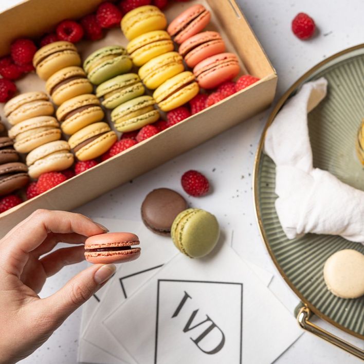 Box of assorted macaron flavours