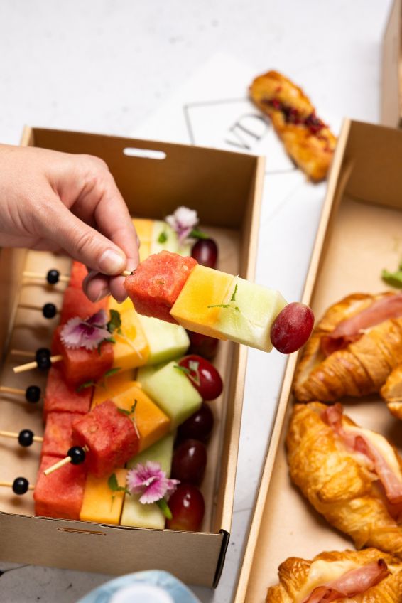 Gourmet Brunch Box Hamper made up of Ham & Gruyere Croissant, Danishes, Frittatas, Orange & Almond Loaf & Seasonal Fruit Skewers