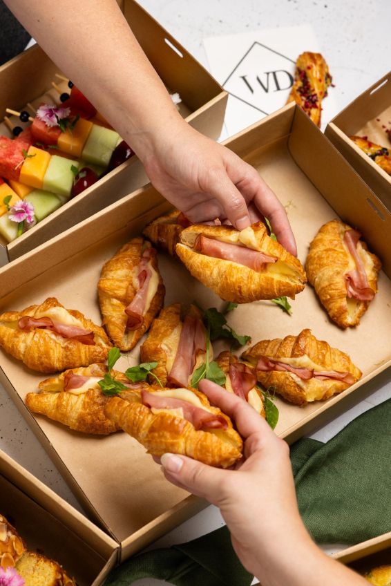 Gourmet Brunch Box Hamper made up of Ham & Gruyere Croissant, Danishes, Frittatas, Orange & Almond Loaf & Seasonal Fruit Skewers