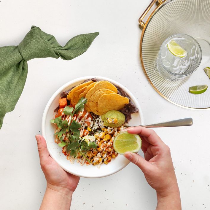 Individual Mexican Bowl with protein, beans, corn & tortillas